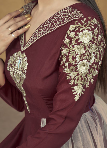 Maroon Maslin Embroidered Indo Western Gown-2