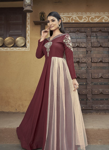 Maroon Maslin Embroidered Indo Western Gown-2