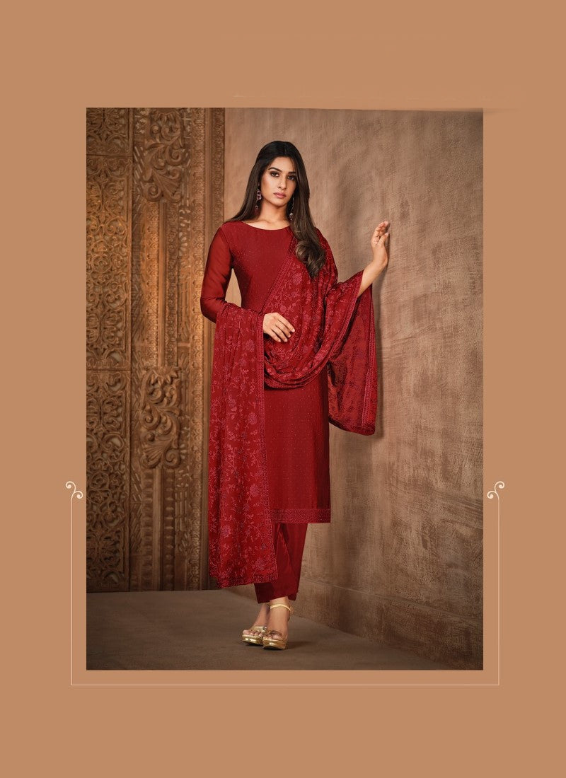 Red Georgette Straight Cut Salwar Suit-2