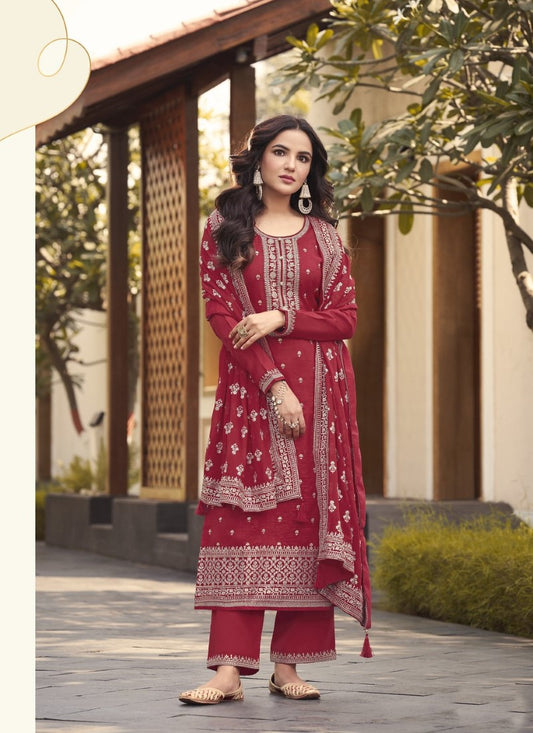 Red Silk Embroidered Palazzo Suit