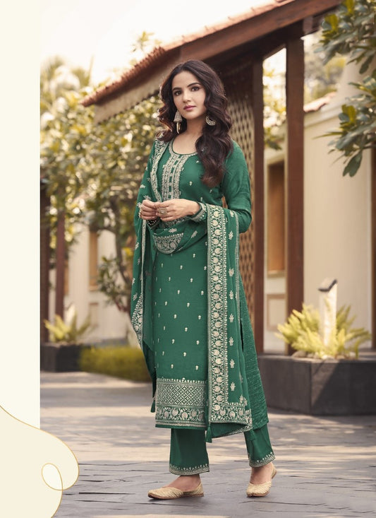 Green Silk Embroidered Palazzo Suit