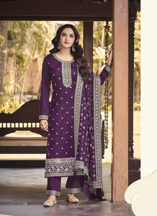 Purple Silk Embroidered Palazzo Suit