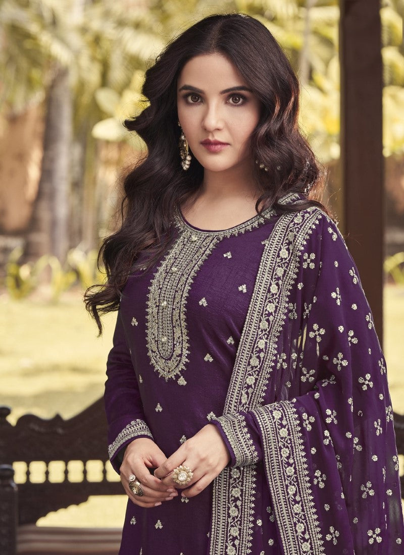 Purple Silk Embroidered Palazzo Suit-2