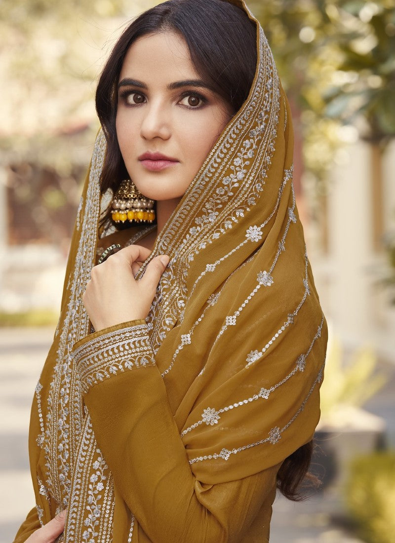 Mustard Yellow Silk Embroidered Palazzo Suit-2