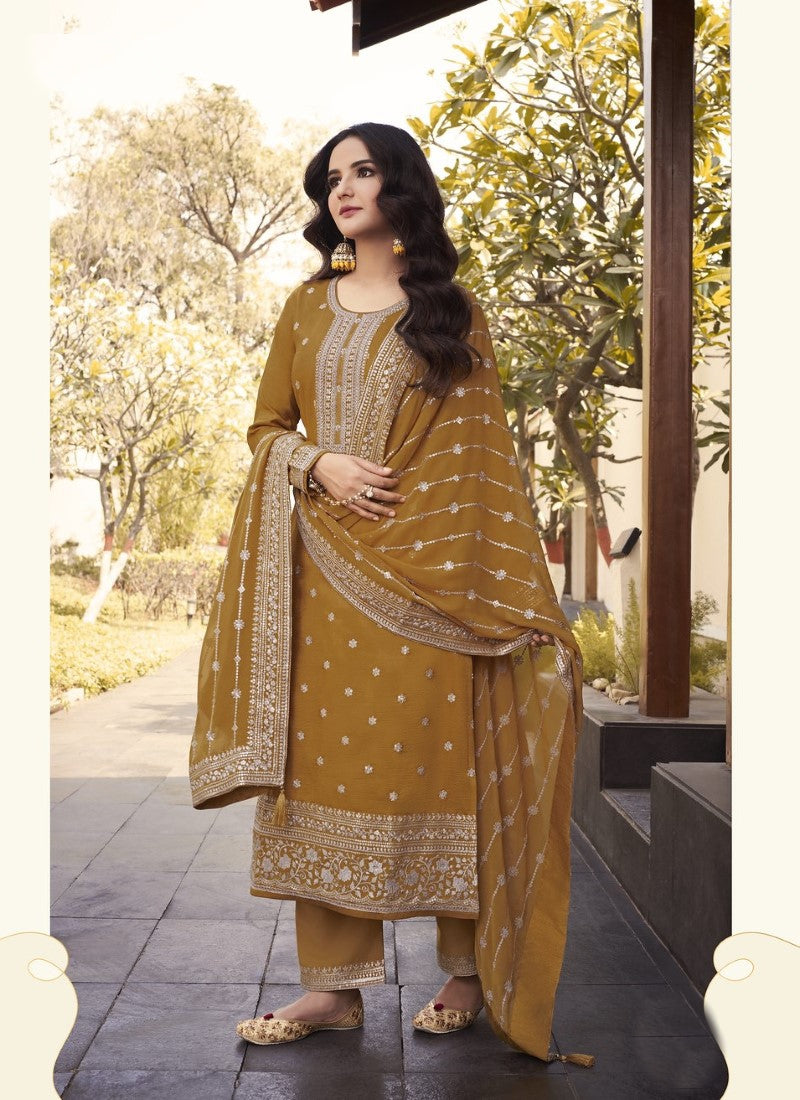 Mustard Yellow Silk Embroidered Palazzo Suit