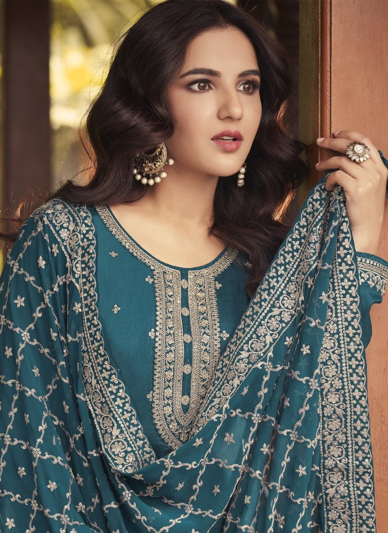 Teal Blue Yellow Silk Embroidered Palazzo Suit-2