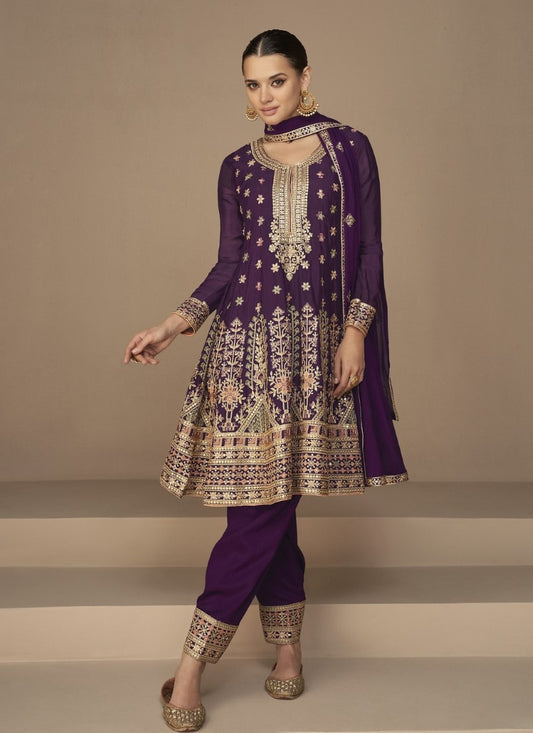 Purple Silk Embroidered Pant Style Salwar Suit