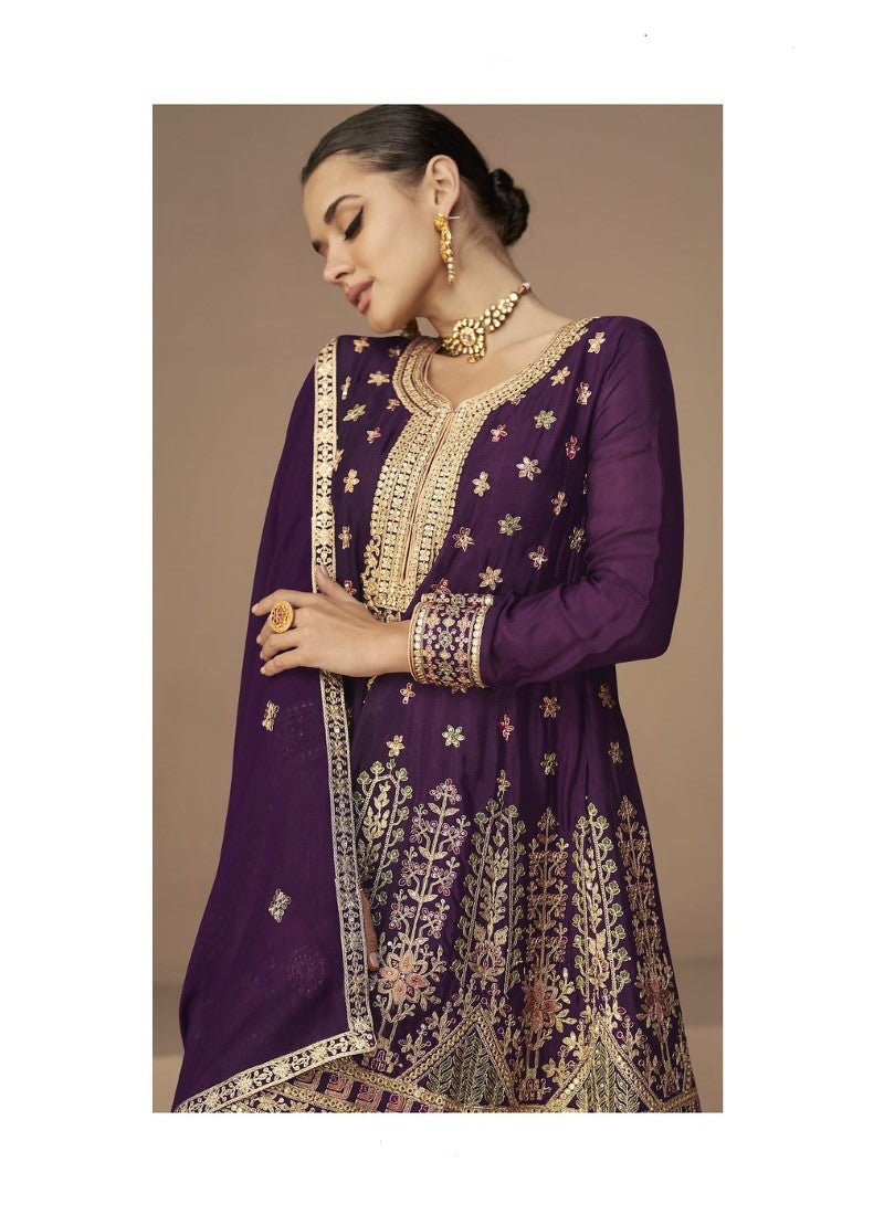 Purple Silk Embroidered Pant Style Salwar Suit-2