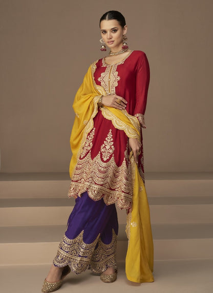 Red Silk Embroidared Palazzo Suit