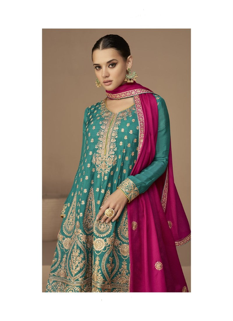 Sea Green Silk Embroidared Palazzo Suit-2