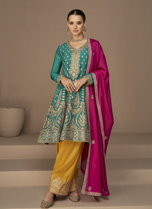 Sea Green Silk Embroidared Palazzo Suit