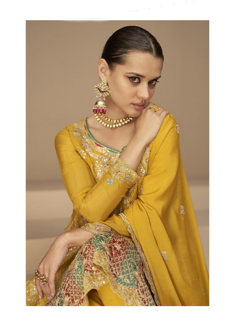 Yellow Silk Embroidered Pant Style Salwar Suit-2