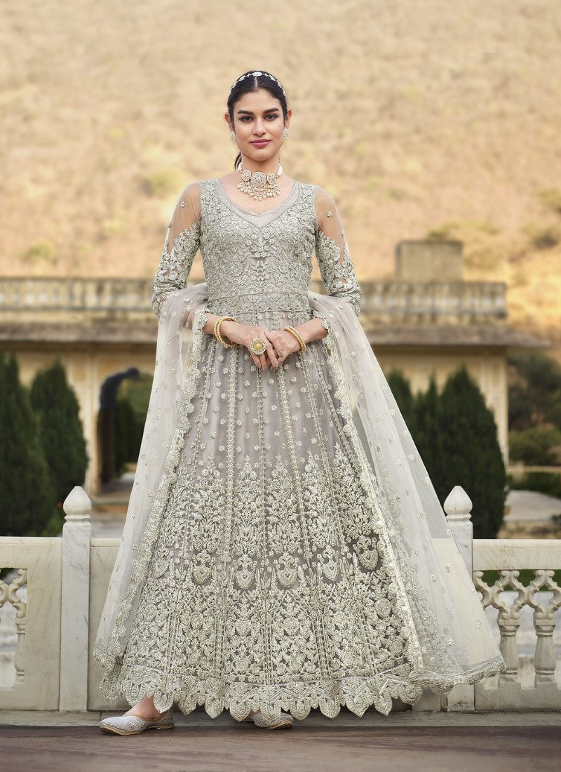 Gray Pakistani Anarkali Suit with Embroidery and Stone Work