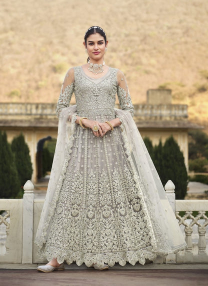 Gray Pakistani Anarkali Suit with Embroidery and Stone Work