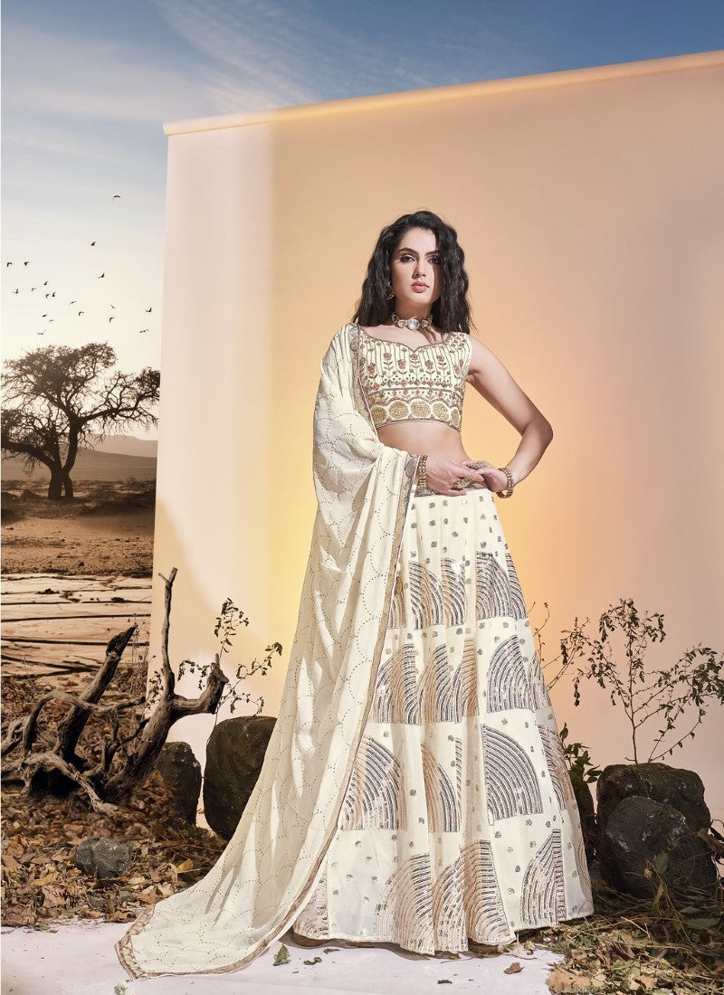 Off White Georgette Lehenga Choli with Sequins Work