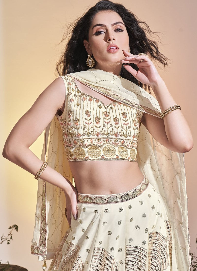 Off White Georgette Lehenga Choli with Sequins Work-2