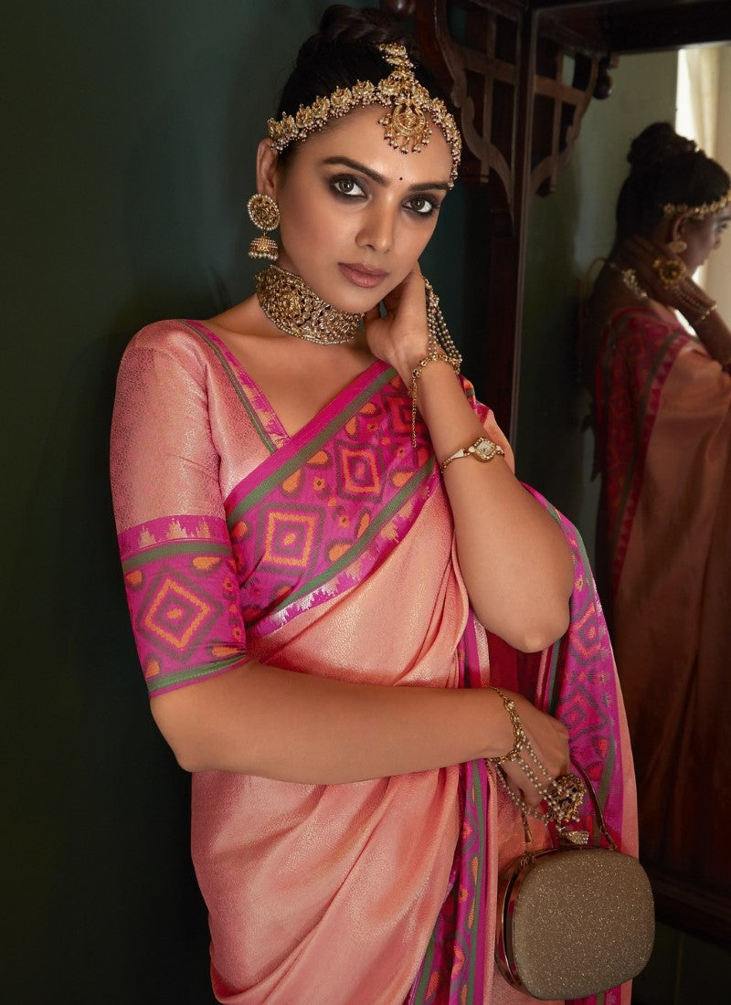 Pink Kanchipuram Silk Saree with Pochampally Pattern-2