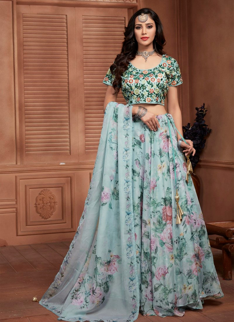 Sky Blue Organza Floral Printed Lehenga Choli-2