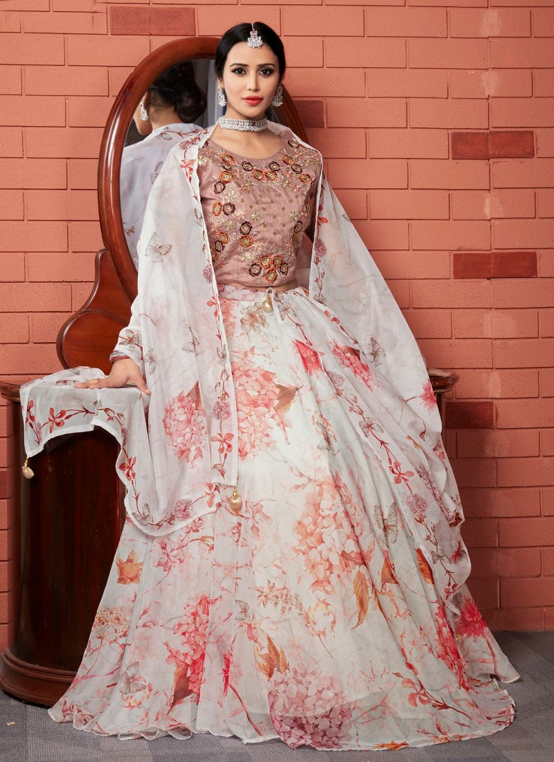 White Organza Floral Printed Lehenga Choli