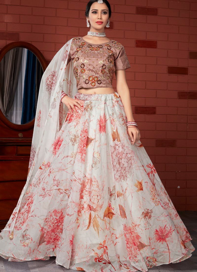 White Organza Floral Printed Lehenga Choli-2