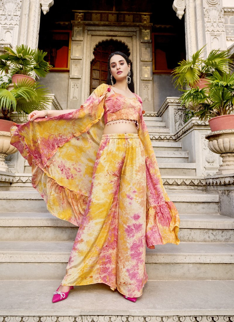 Yellow Palazzo Pant Indo Western Suit With Koti-2