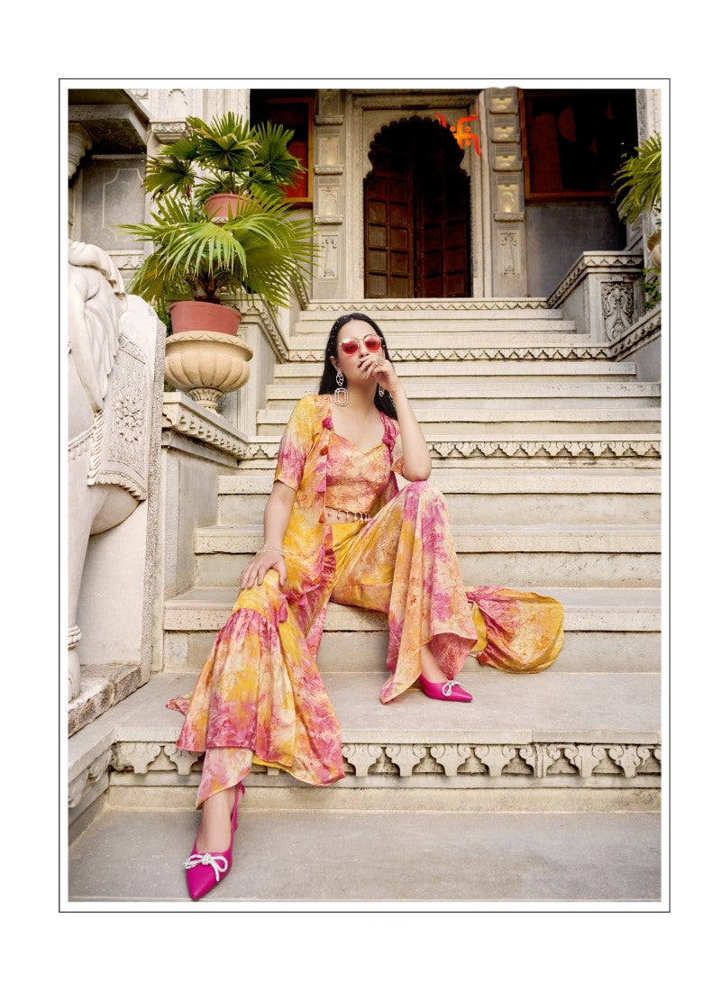 Yellow Palazzo Pant Indo Western Suit With Koti-2