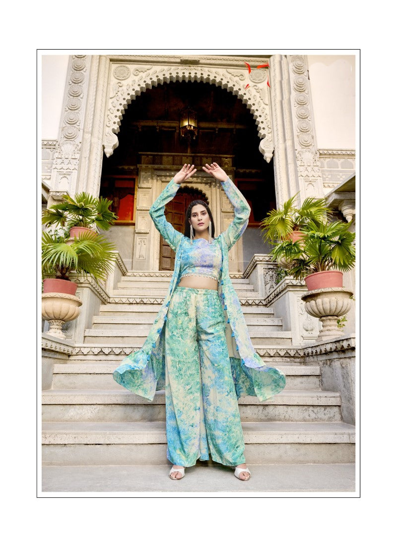 Sky Blue Palazzo Pant Indo Western Suit With Koti-2