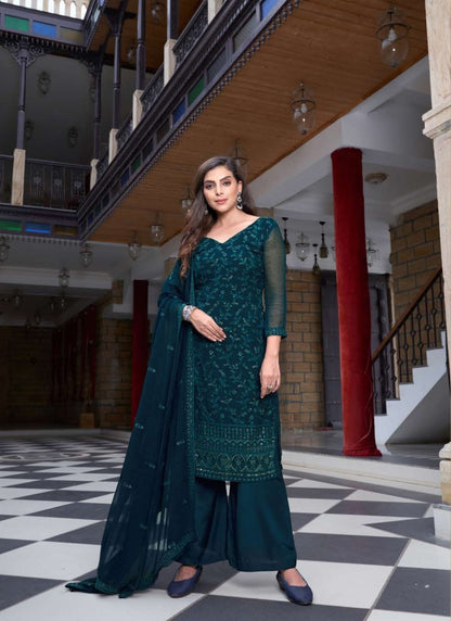 Teal Green Embroidared Palazzo Suit