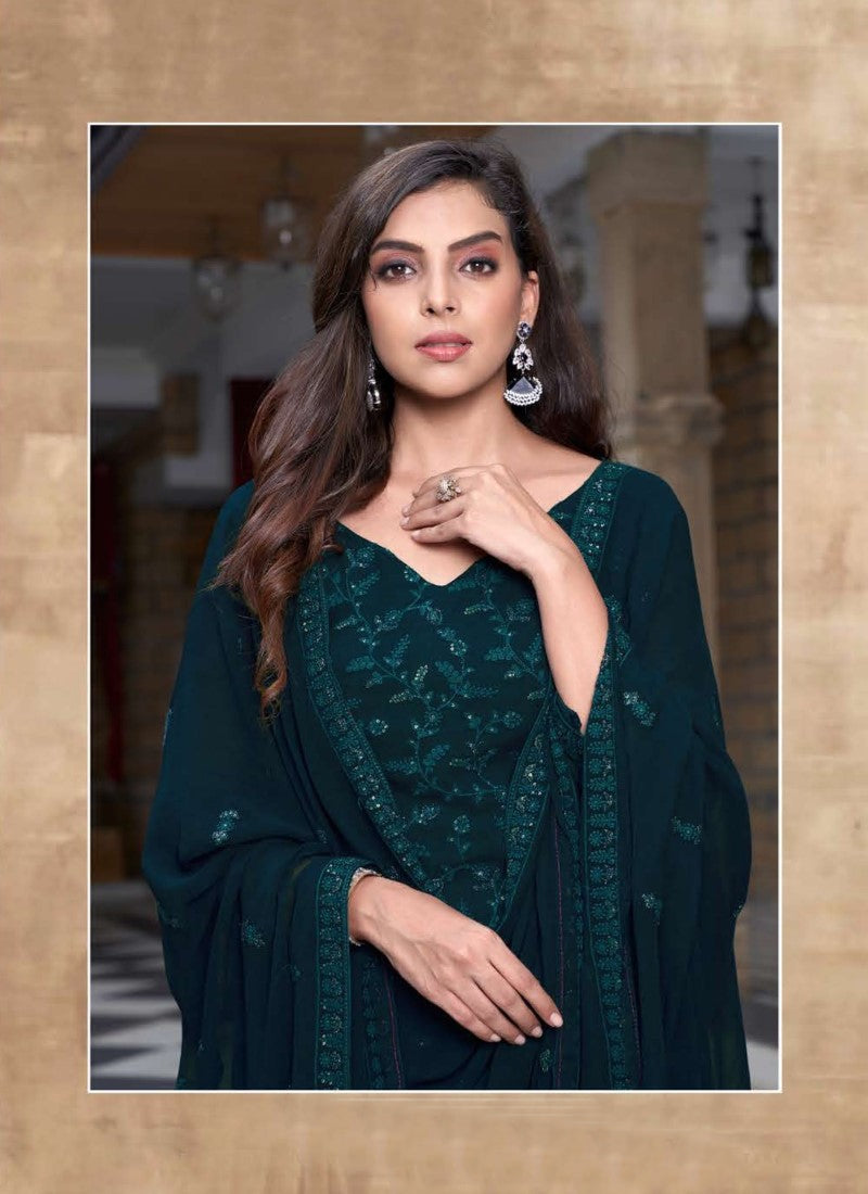 Teal Green Embroidared Palazzo Suit-2