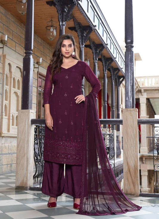 Purple Embroidared Palazzo Suit