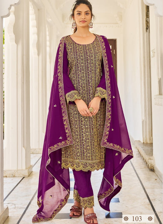 Purple Pant Style Straight Cut Salwar Suit