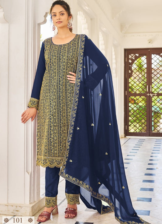 Navy Blue Pant Style Straight Cut Salwar Suit