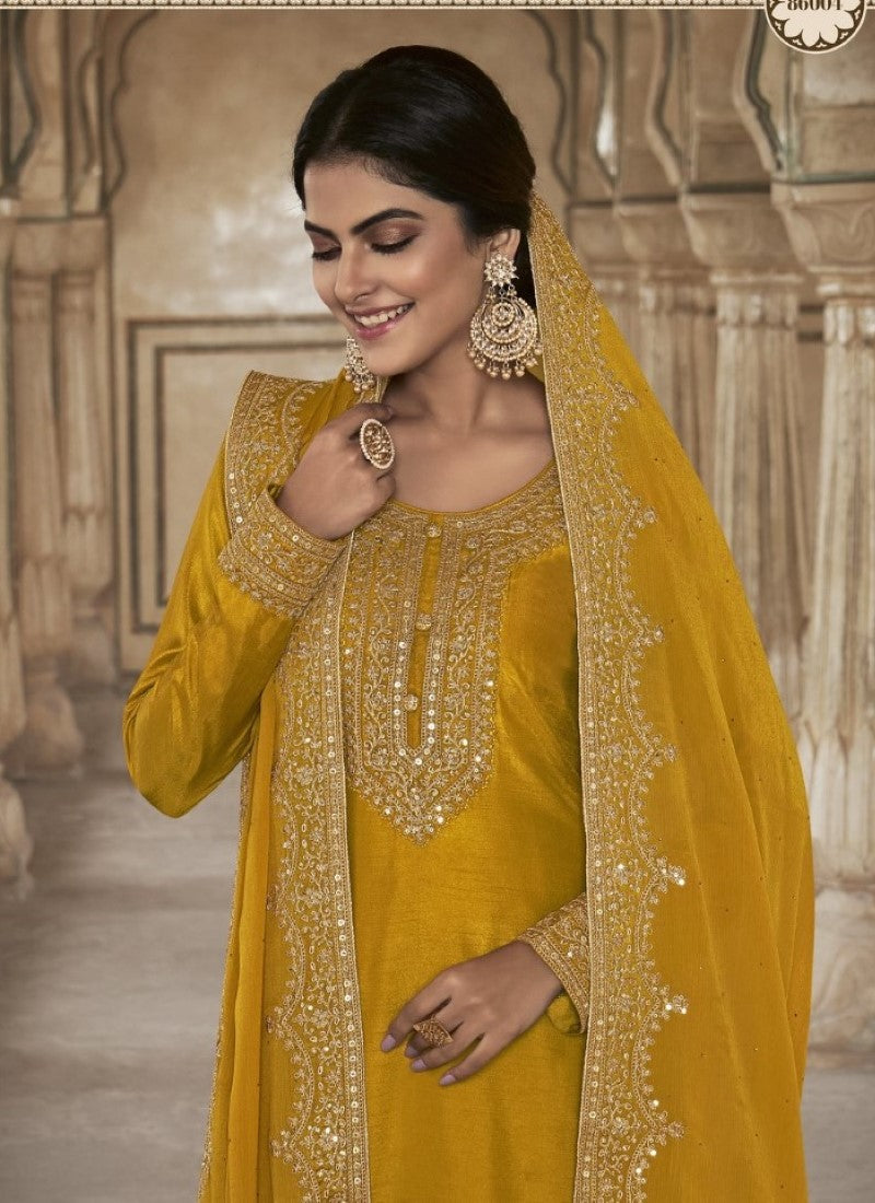 Yellow Silk Embroidered Straight Cut Palazzo Suit-2