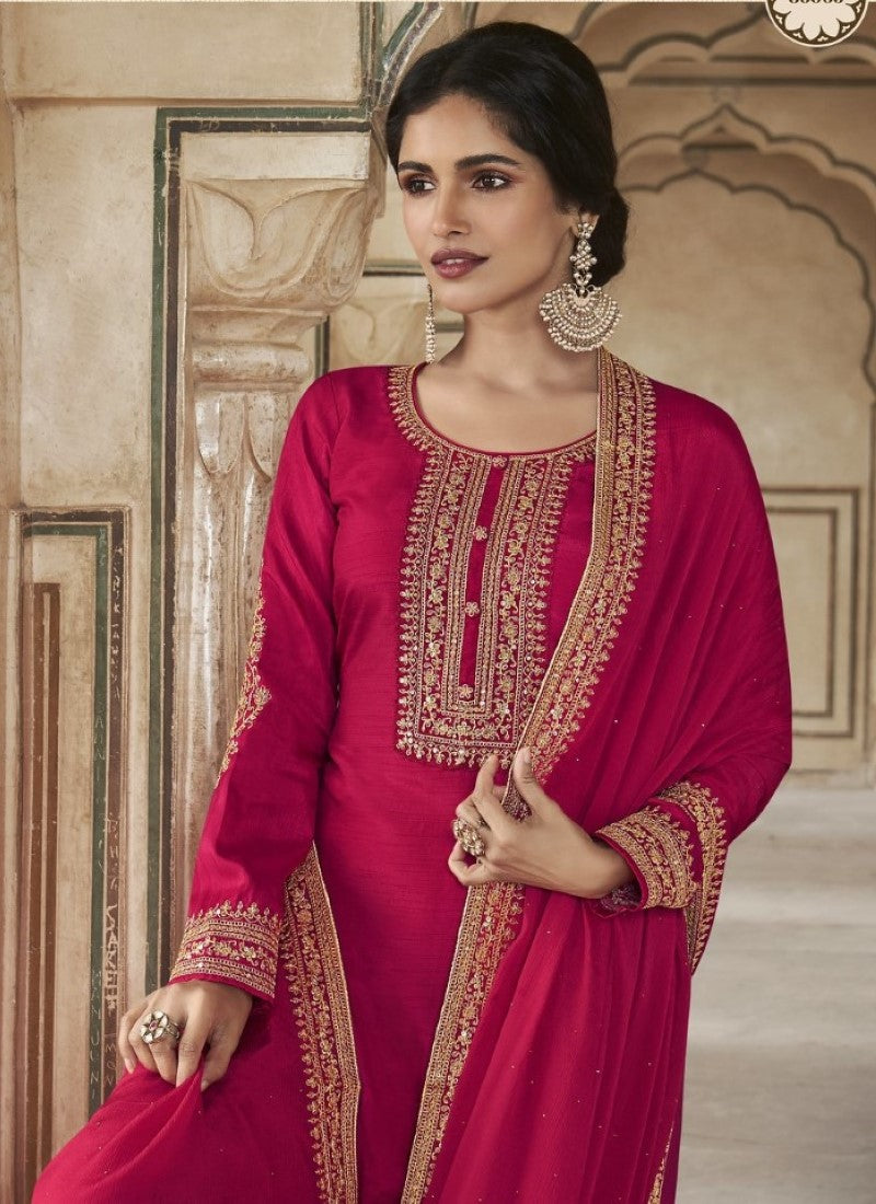 Magenta Silk Embroidered Straight Cut Palazzo Suit-2