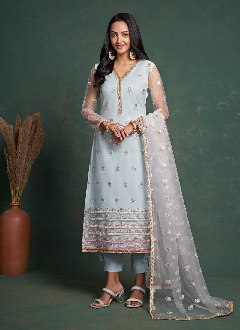 Sky Blue Pant Style Straight Salwar Suit