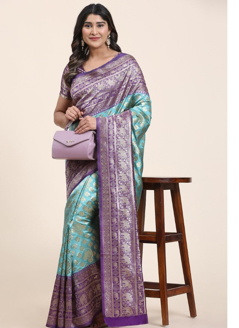 Aqua Blue Banasari Silk Saree With Rich Embroidered Pallu
