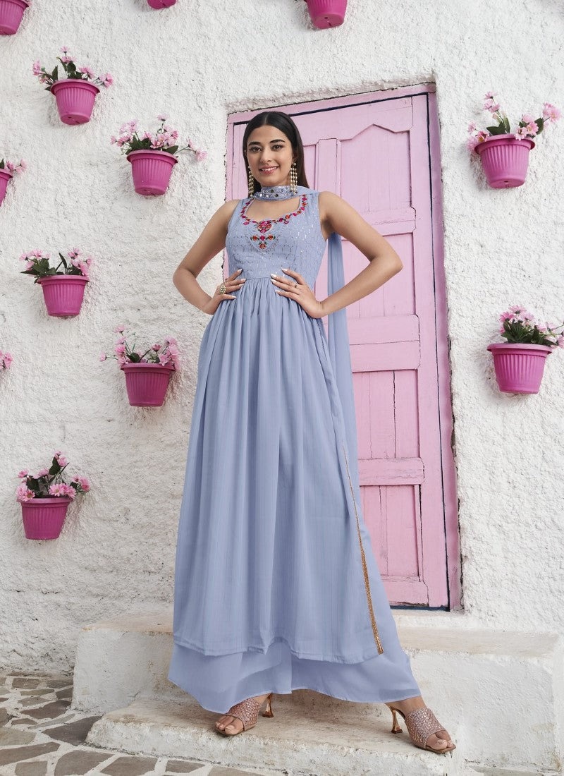 Blue Georgette Palazzo Suit With Thread and Sequin Work