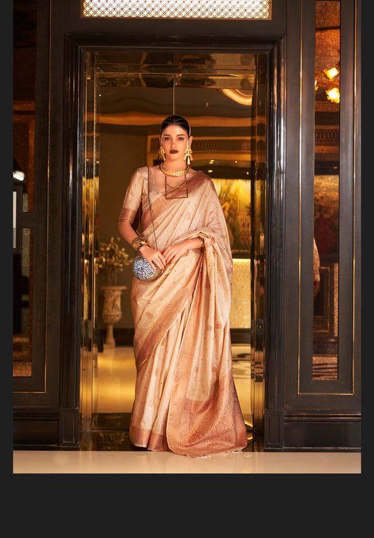 Cream Tussar Silk Saree With Sequins Handloom Weaving