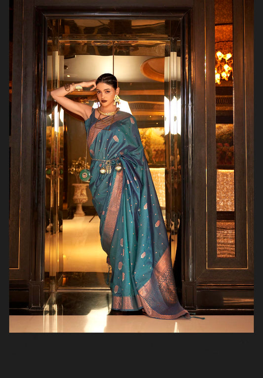 Teal Blue Tussar Silk Saree With Sequins Handloom Weaving