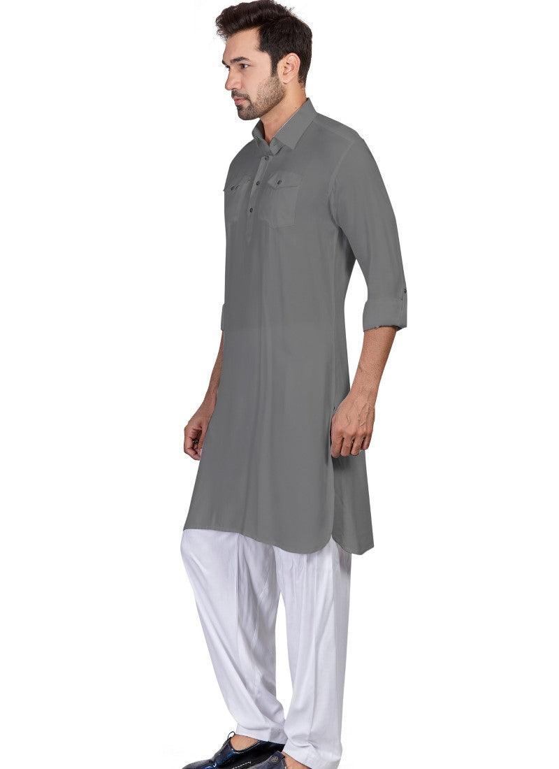 Gray Cotton Pathani Men's Kurta Pajama-2