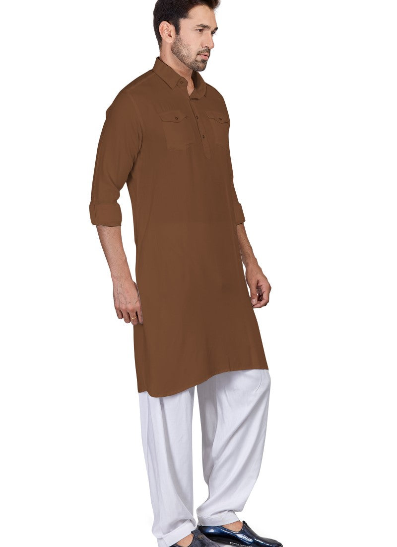 Brown Cotton Pathani Men's Kurta Pajama-2