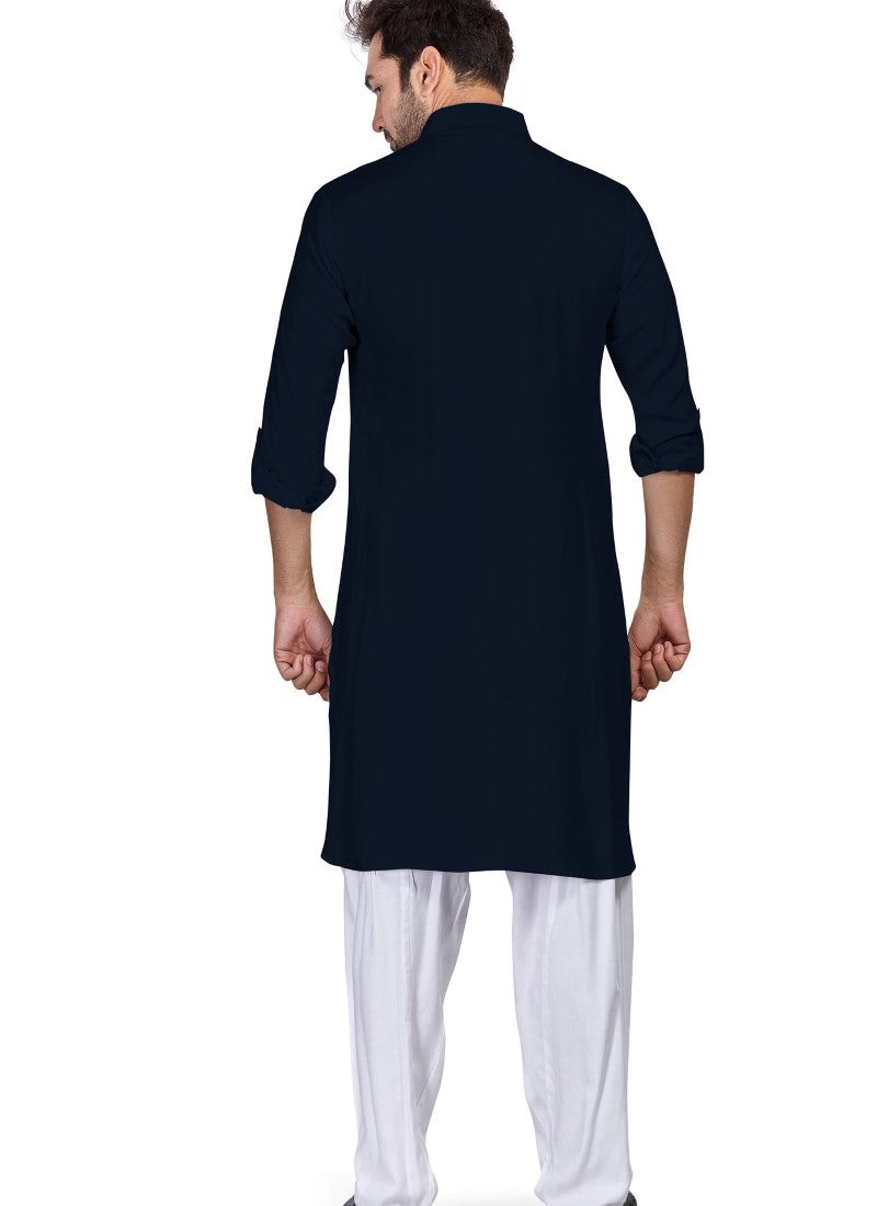 Navy Blue Cotton Pathani Men's Kurta Pajama-2