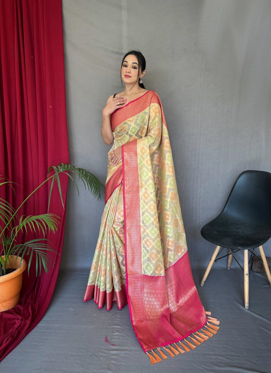 Beige Tissue Silk Saree With Golden Zari Weaving Broder
