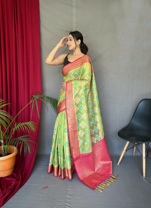 Pista Green Tissue Silk Saree With Golden Zari Weaving Broder