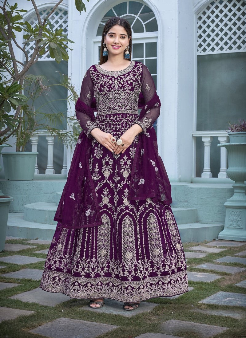 Purple Heavy Net Embroidered Abaya Style Suit