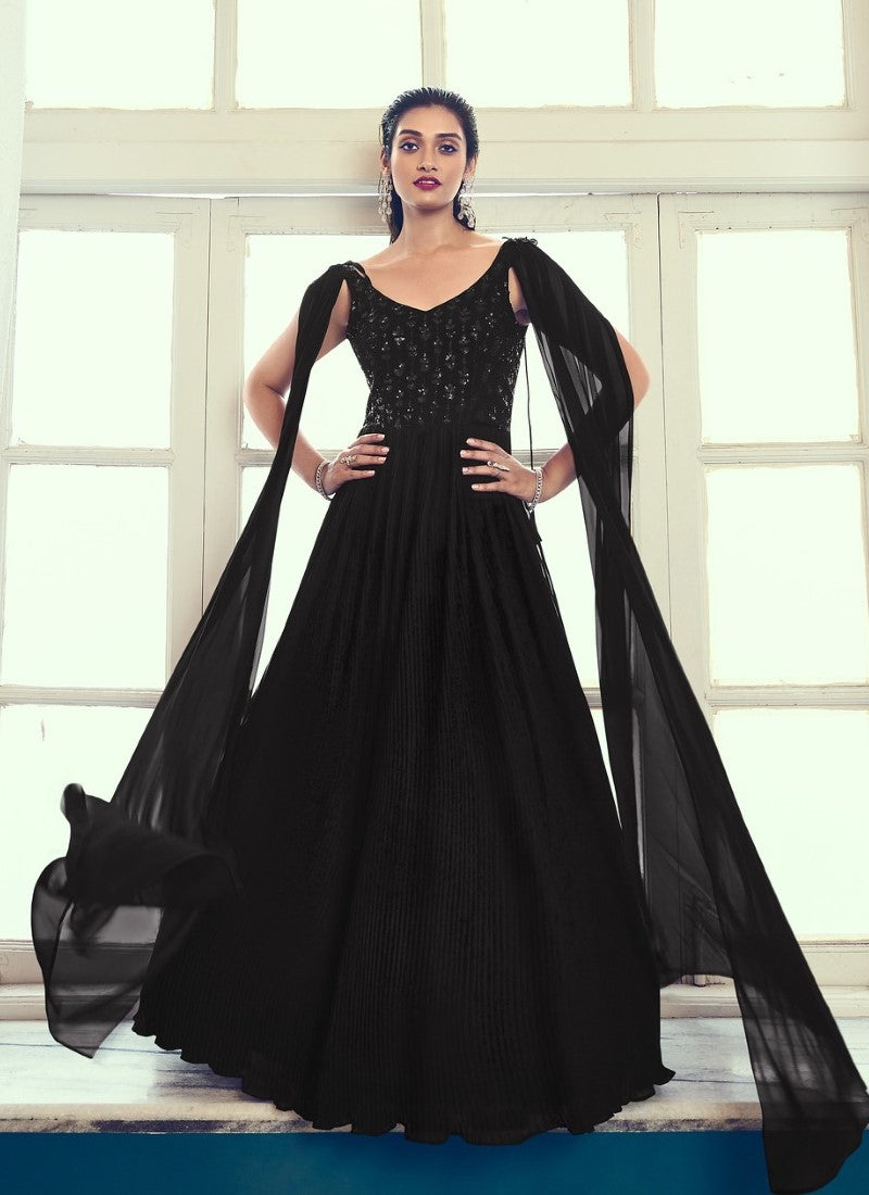 Black Georgette Party Wear Gown With Thread and Sequin Work