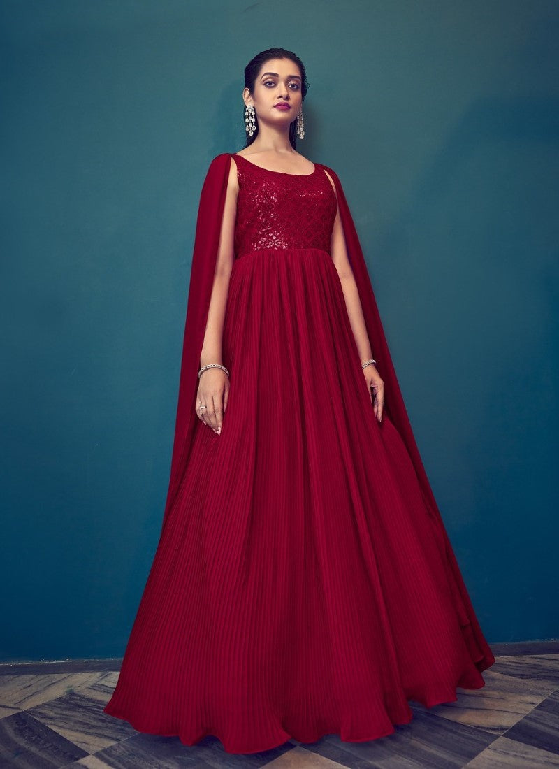 Red Georgette Party Wear Gown With Thread and Sequin Work
