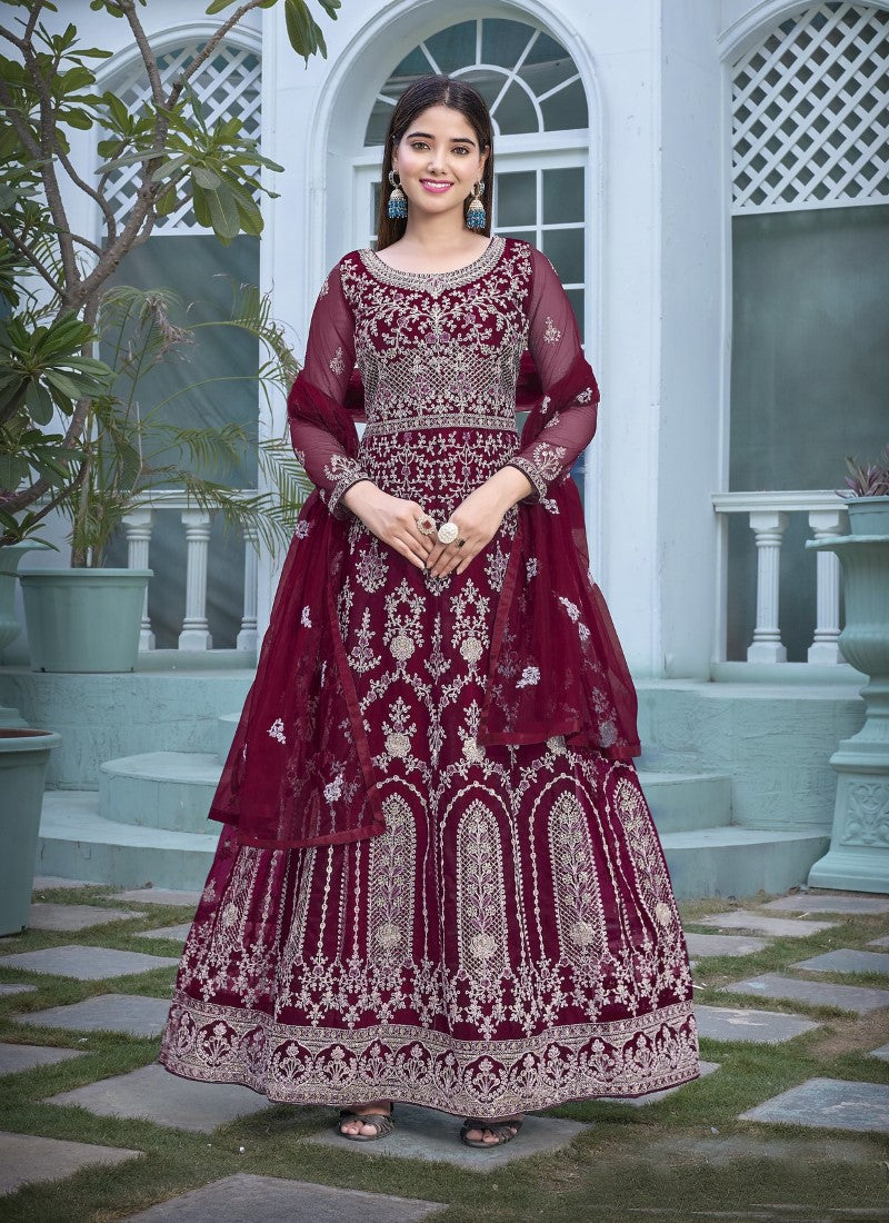 Maroon Heavy Net Embroidered Abaya Style Suit