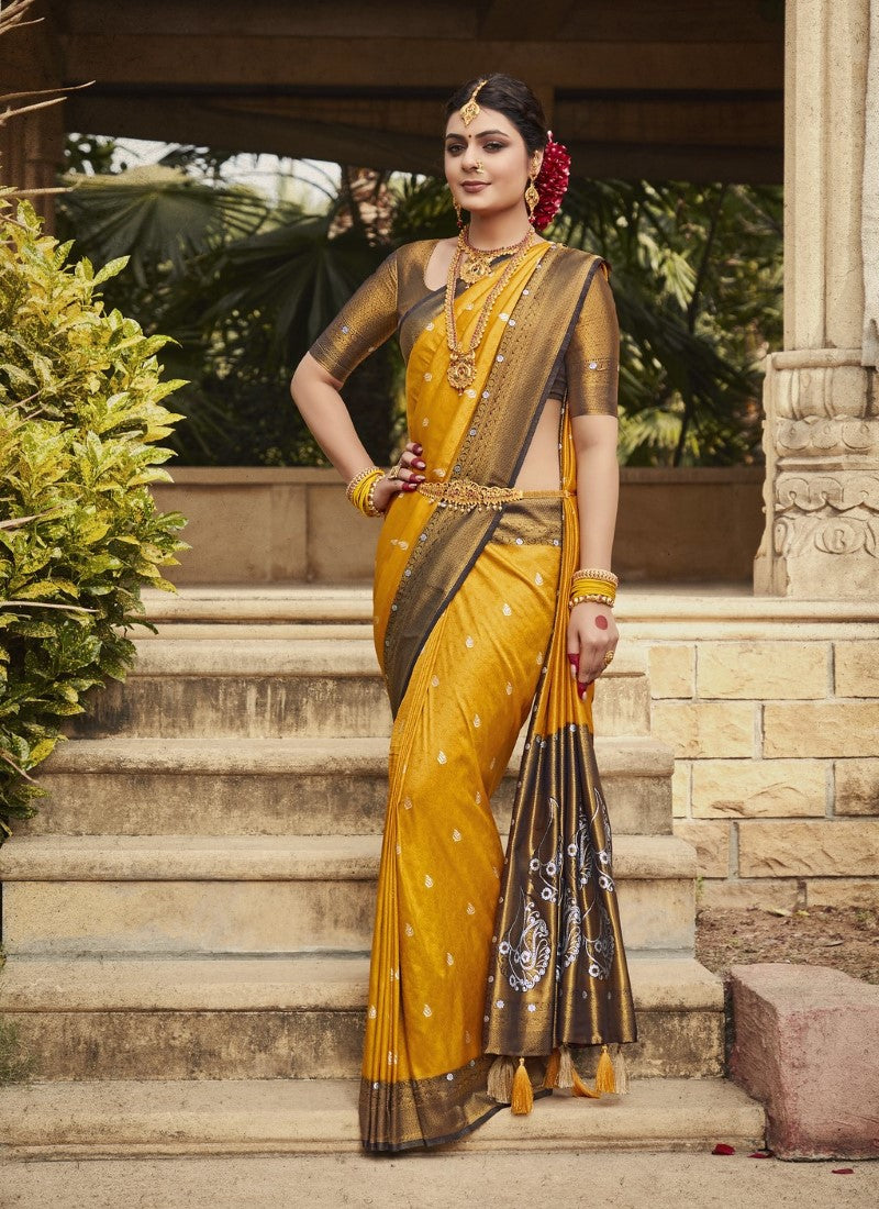 Mustard Yellow Pure Kanjivaram Silk Saree With Contrast Border