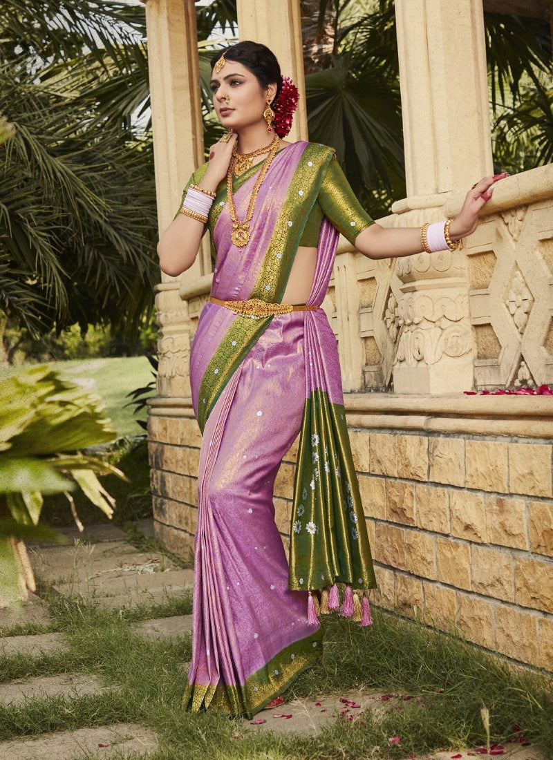 Lavender Kanjivaram Silk Saree With Contrast Border